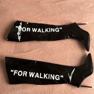 “For Walking” unique black patent knee high boots